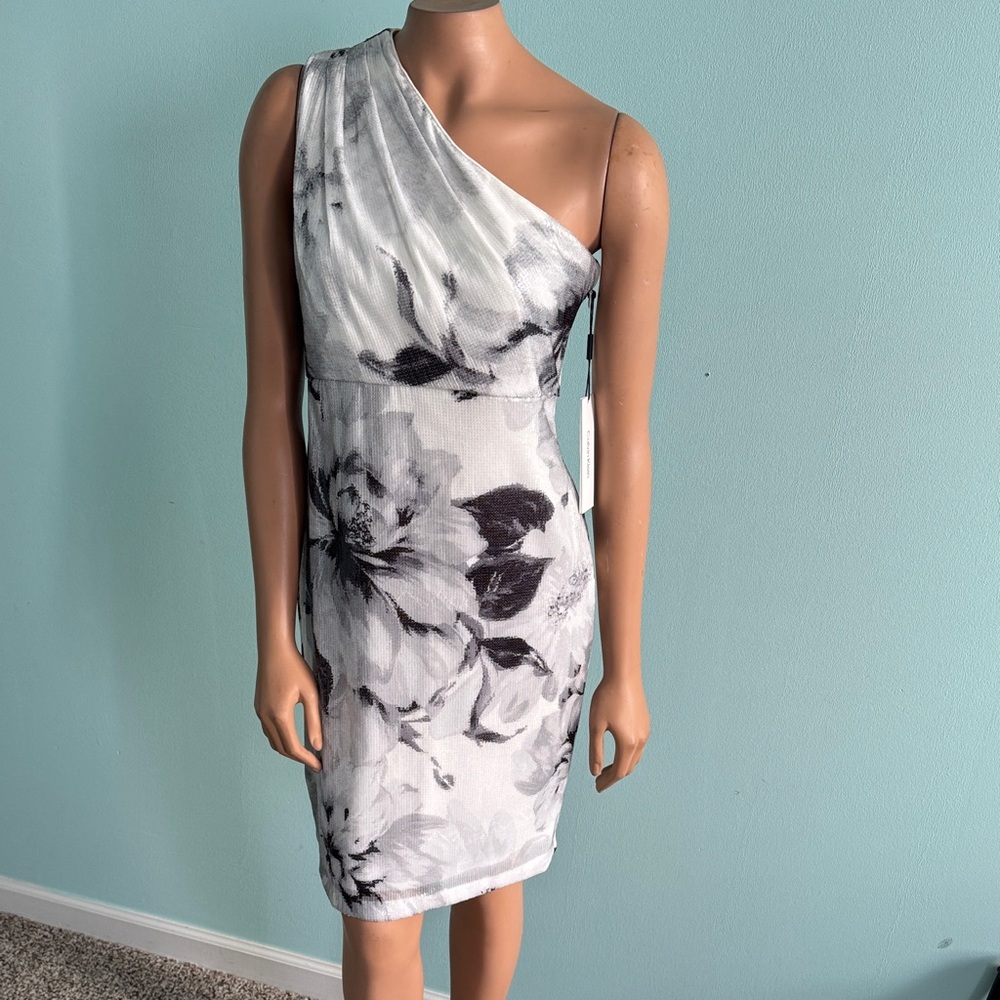 Calvin Klein Black and White Floral One-Shoulder Dress size 10
